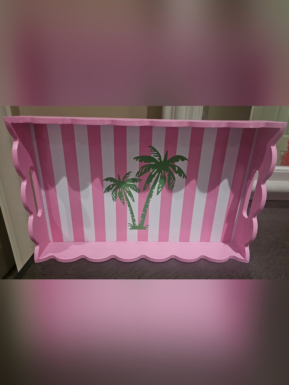 Pink & Green Palm Stripe Wooden Tray - Home Accent
